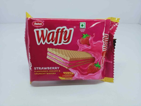 Dukes waffy strawberry flavoured creamy and crunchy Wafers with real strawberry extracts, 37 grams